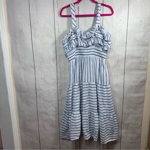 Reba Blue & White Striped Ruffle Midi Dress L Coastal Cowgirl Cottagecore Resort
